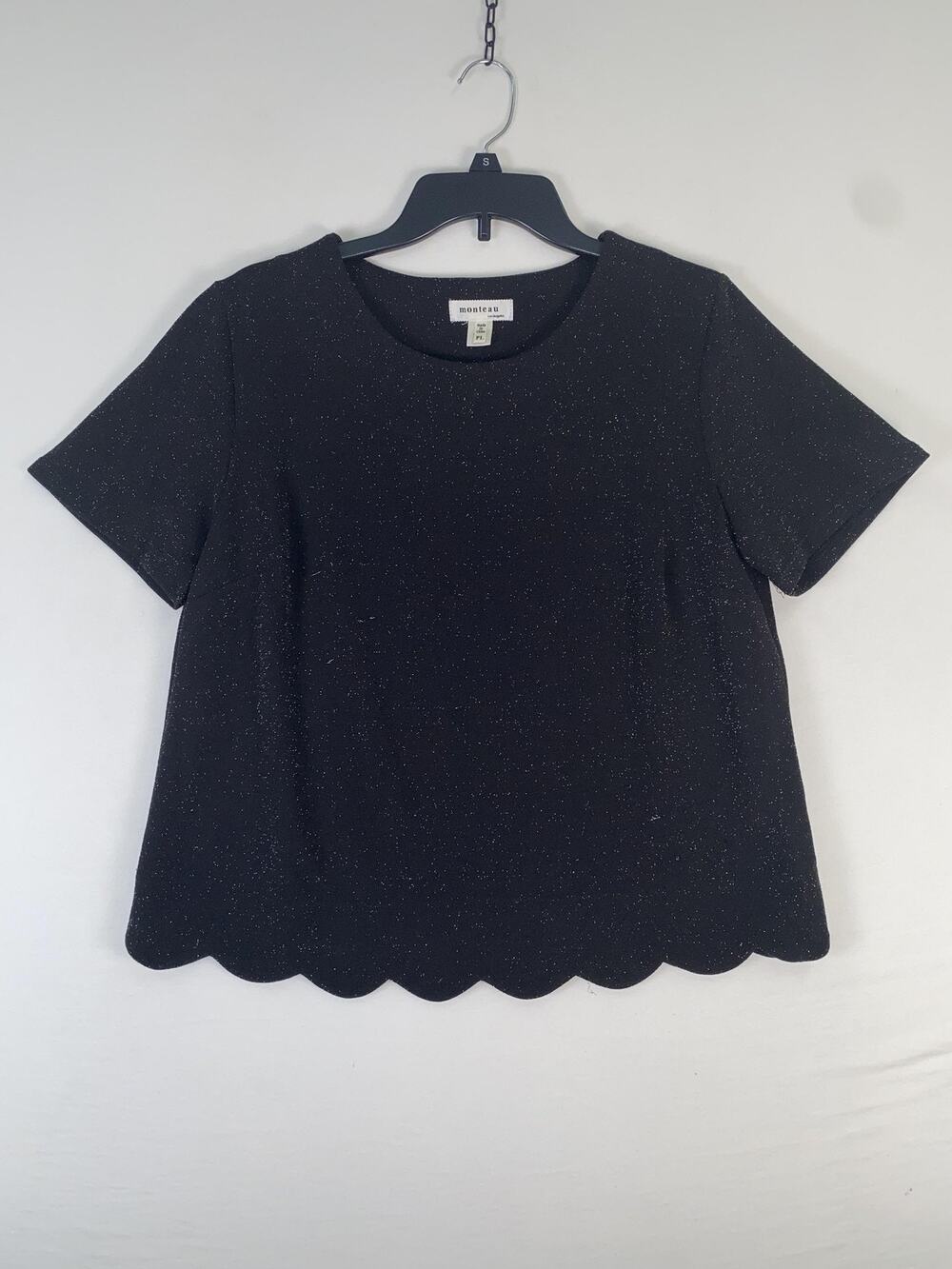 Monteau Blouse Womens PL Black Glitter Short Sleeve Scallop Hem Knit Top